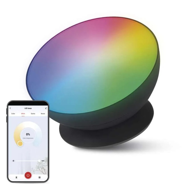 Veioza Smart Ambientala ROUND Neagra 7W Wifi Multicolor RGB si CCT 3000K 4000K 6500K Sincronizare Muzica si Aplicatie Tuya GoSmart