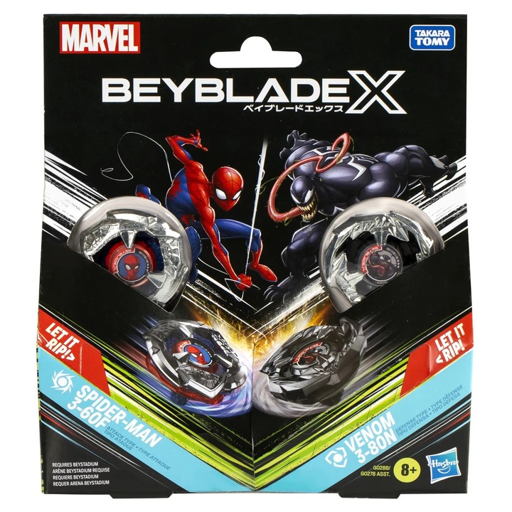 Set figurine Beyblade X Marvel, Hasbro, Spider-Man 3-60F, Venom 3-80N, 2 lansatoare
