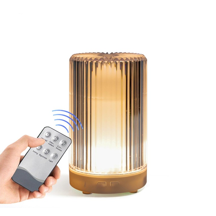 Umidificator aromaterapie cu lampa de noapte LED, 200ml, iluminare calda si colorata, silentios, 3 trepte de pulverizare, temporizator, protectie la lipsa apei, difuzor ultrasonic, pentru casa birou dormitor