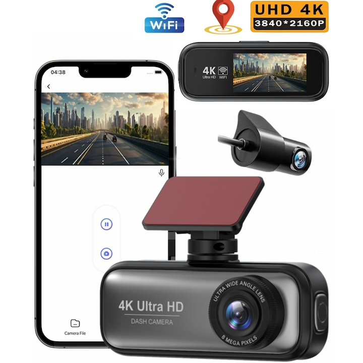 Camera auto de bord DVR QOVU® V26a, Duala 4K Fata 1080P Interior / Spate, Senzor Coliziune, WiFi & Aplicatie, Vedere larga170° & 140°, Ecran 1.97 inch, Modul parcare optional