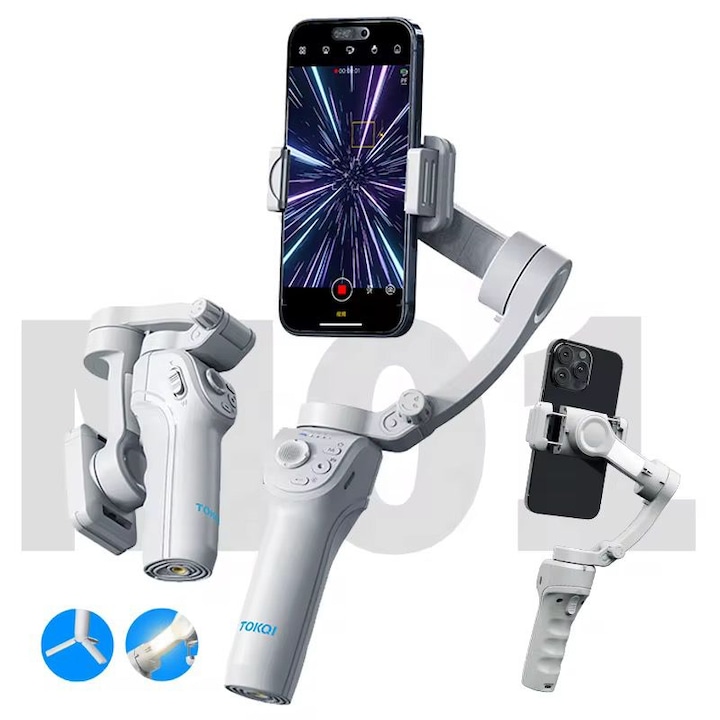 Gimbal Stabilizator 3-Axe M01 cu AI Face Tracking, Lumina LED si Mini Trepied