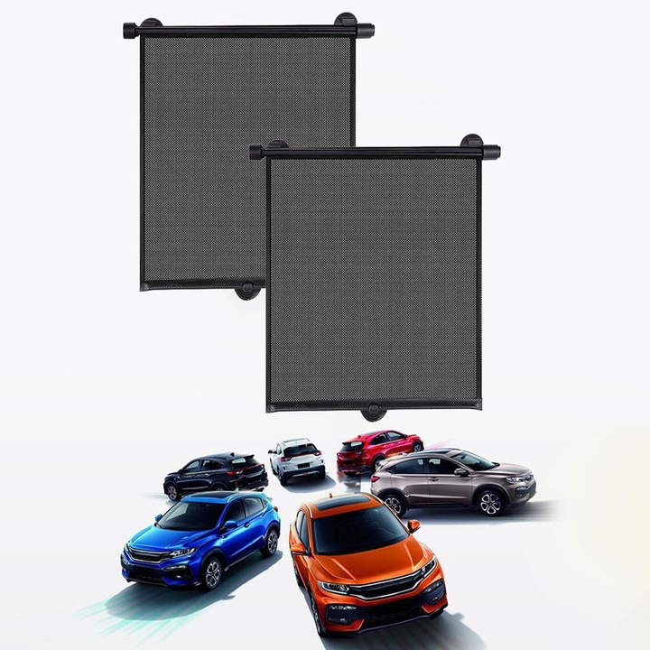 SideShade Retract – Комплект от 2 прибиращи се сенници за странични прозорци, UV защита, закрепване с вендуза, навиващи се, мрежест тип, слънцезащита, 44x45 см, универсален размер, лесен монтаж, черен