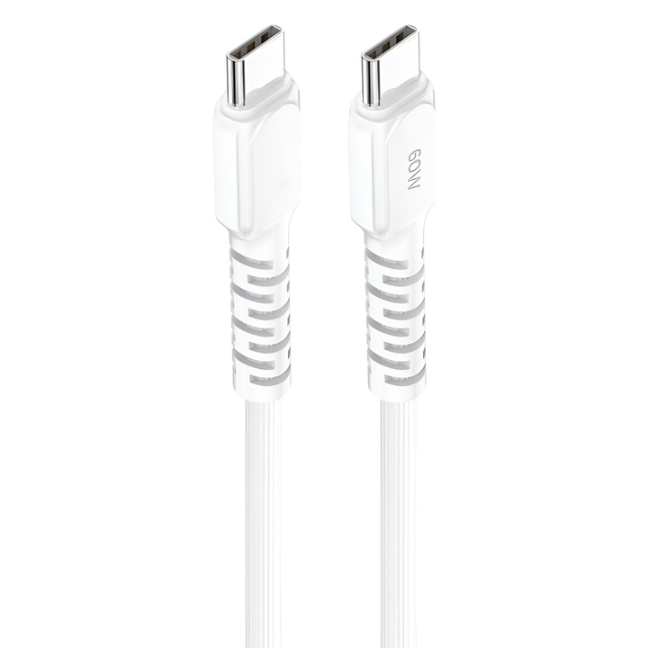 Type-C кабел, 60W, DaDen, 1 м, бял, устойчив, бързо зареждане, бързо зареждане, USB-C към USB-C