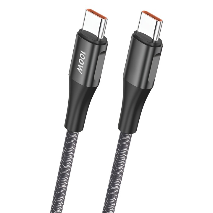 Type-C кабел, 100W, DaDen, 1 м, черен, устойчив, бързо зареждане, бързо зареждане, USB-C към USB-C