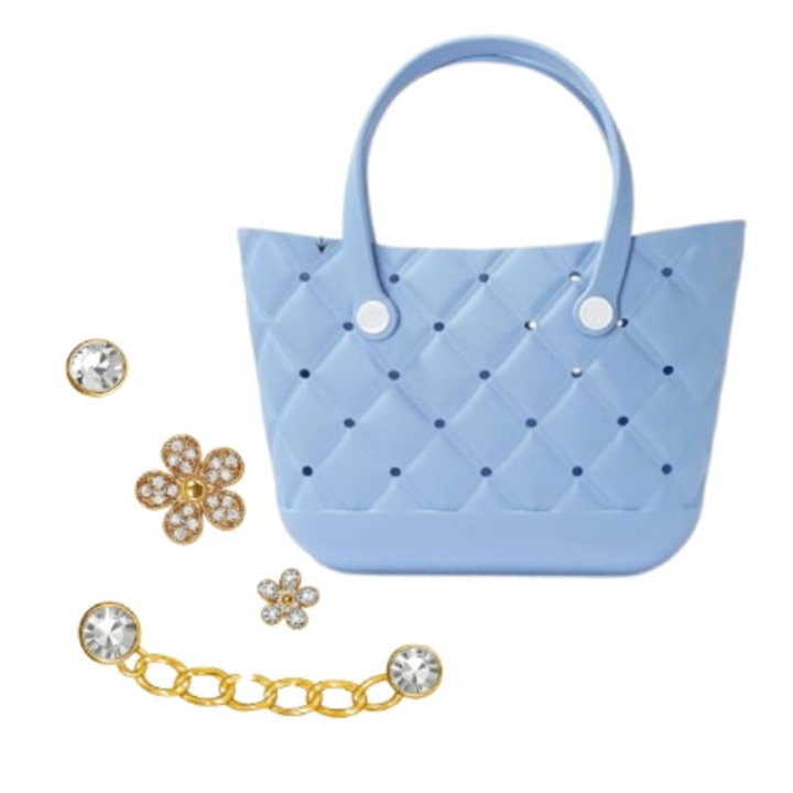 Multifunkcionális bevásárlótáska és 4 arany kiegészítő, EVA, vízálló, 18X26X10cm, kék-arany