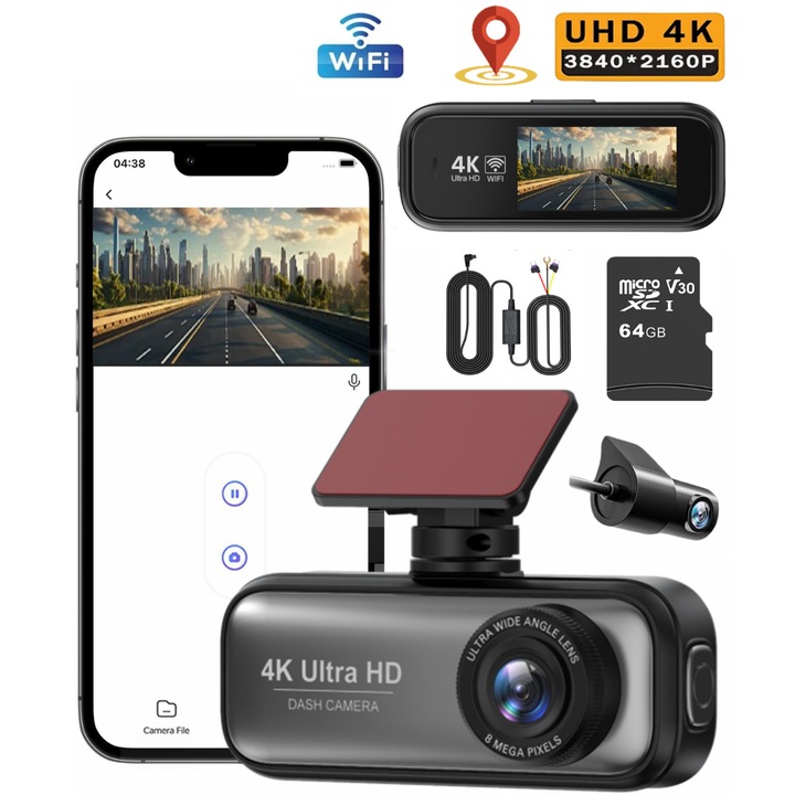 Camera auto de bord DVR QOVU® V26a, Duala 4K Fata 1080P Spate, Senzor Coliziune, WiFi & Aplicatie, Vedere larga170° & 140°, Ecran 1.97 inch, Modul parcare optional