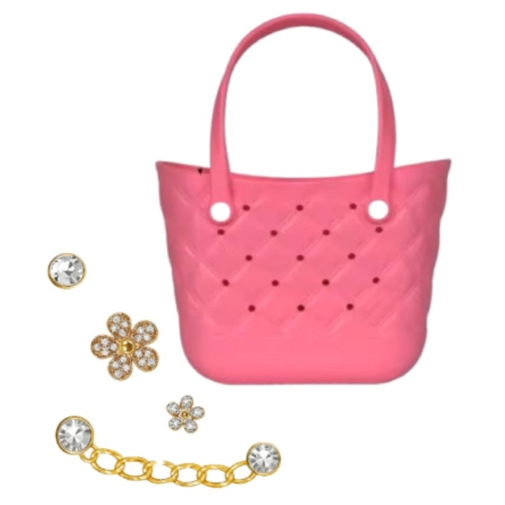 Multifunkcionális bevásárlótáska és 4 arany kiegészítő, EVA, vízálló, 18X26X10cm, Ciklámen-arany