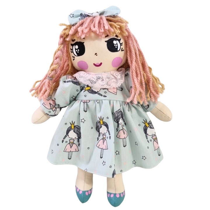 Papusa handmade Las Chicas 26 cm, par blond si roz, rochiebleu mint cu printese, LCS2_5