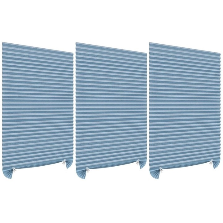 Set 3 Jaluzele Plisate, fara gaurire DAVIDAMI CONCEPT® cu Sistem de Prindere Autoadeziv Inclus, dimensiune 150 cm x 60 cm, Albastru