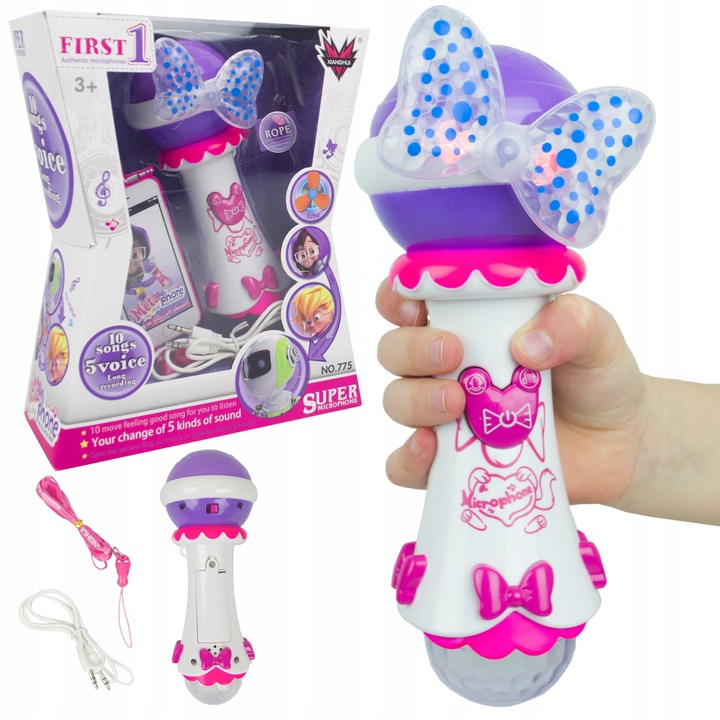 Караоке микрофон за деца, LandToys, бяло-лилав, 10 песни, 5 гласови ефекта, 9 см x 19 см, комплект с микро жак кабел