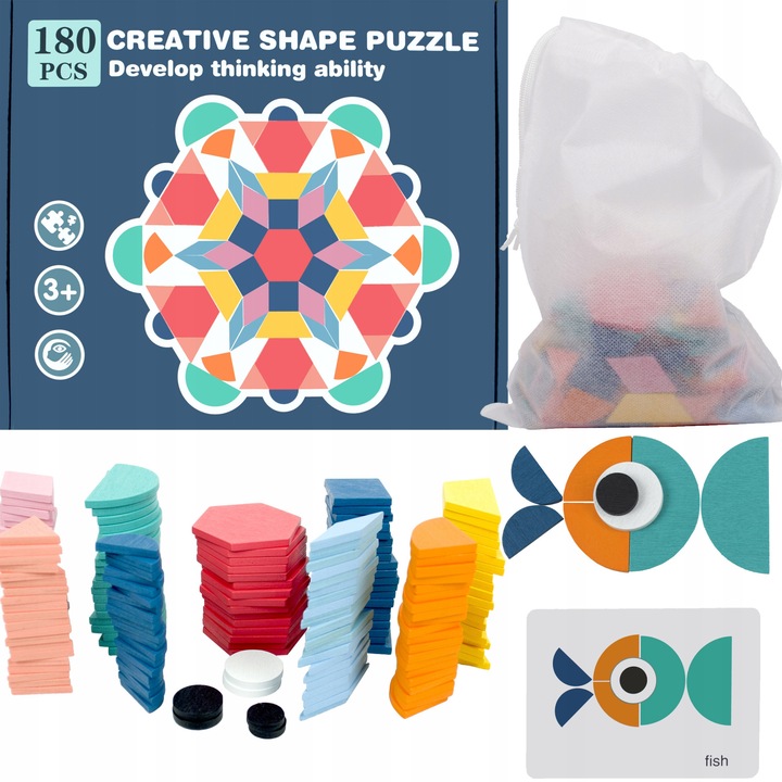 Montessori fa kirakó, 180 elemes, többszínű, 24 illusztrált kártya, készlet