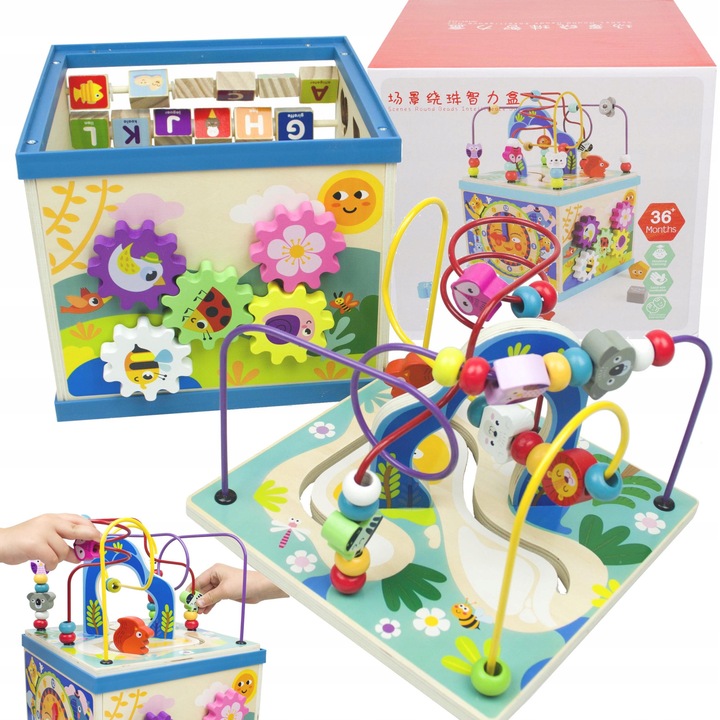 Дървена играчка за сортиране с лабиринт, 5 игрални повърхности, многоцветна, 23,5x23,5x34см