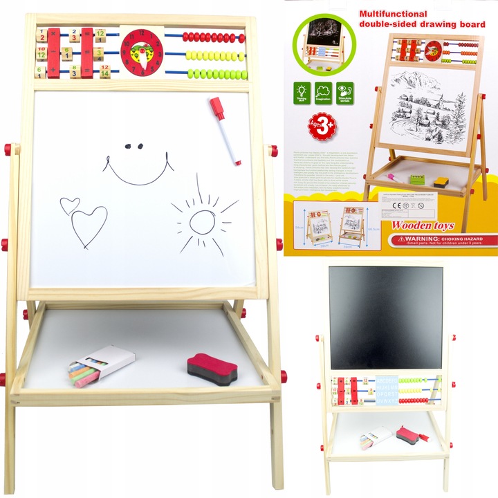 Tabla educationala din lemn, LandToys, 6 in 1, alba si neagra, 32x41x67cm, cu accesorii