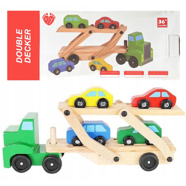 Camion din lemn cu tir si set de 4 masinute, culori variate, dimensiuni 16,5x7,5x32cm