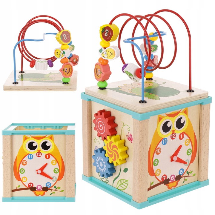 Oktató jellegű fa kocka, 5 játékfelülettel, többszínű, 15,5x15,5x30 cm