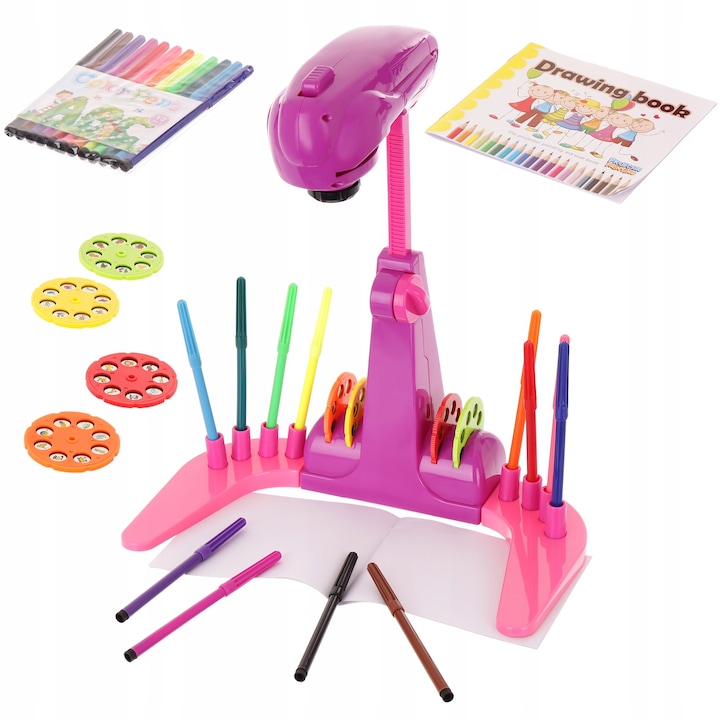 Проектор за рисуване LandToys, комплект от 12 маркера, 4 диска с шарки, многоцветен, за деца над 3 години