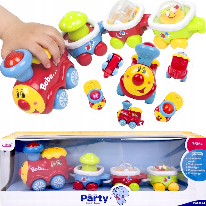 Комплект играчка влакче, LandToys, локомотив Bubu, 3 цветни вагона, многоцветен, 39x7.5x11см