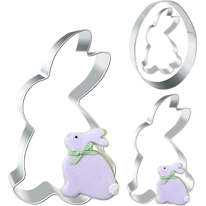 Set 4 forme prajituri din otel inoxidabil, iepuras si ou, dimensiuni 12,5x8,5x6,5cm