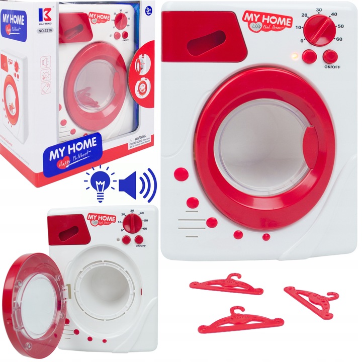 Set interactiv de jucarie, masina de spalat pentru copii, alb-rosu, 4 accesorii, dimensiuni 14x10x19cm, MAKSIK