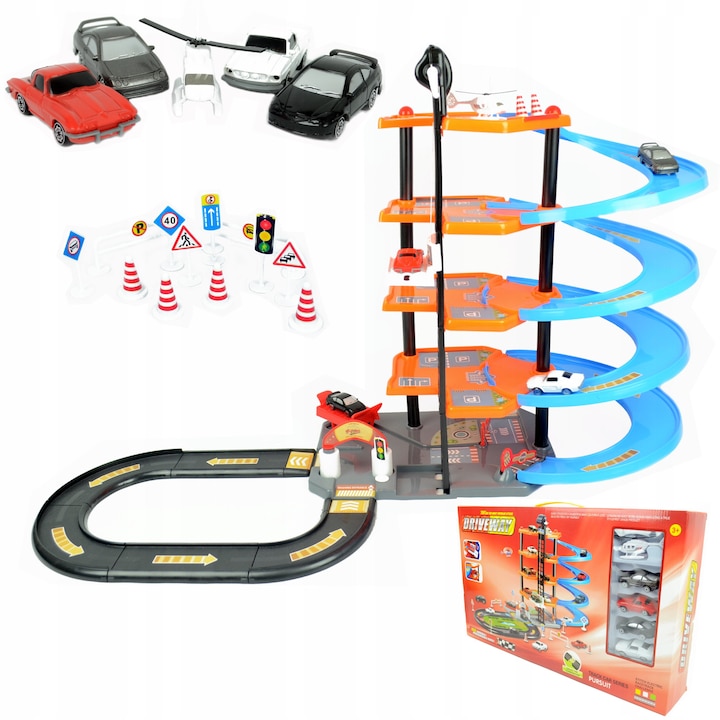 5-етажен гараж с асансьор, автомобили, перално помещение, бензиностанция, комплект от 72 части, многоцветен, 34x10x57см