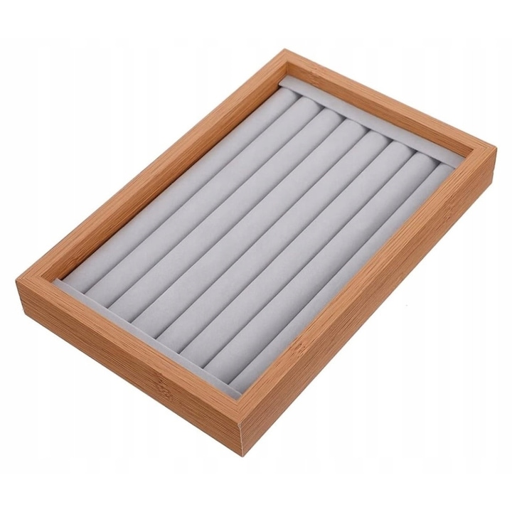 Cutie expunere bijuterie KORBI, 7 compartimente, gri, 35x24x3cm, lemn