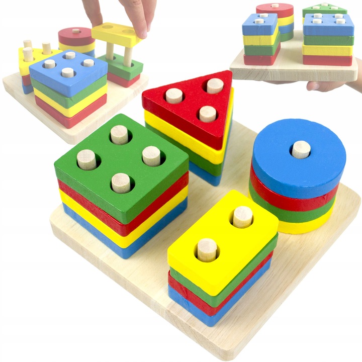 Дървена сортировъчна играчка LandToys, 16 блока, многоцветна, 11.5x11.5x5.5 см, комплект