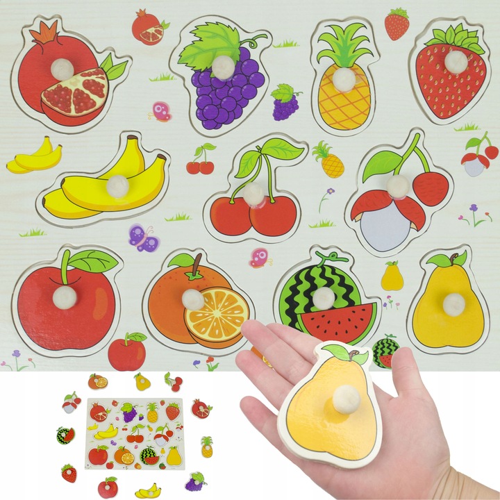 Jucarie educativa Din Lemn, 12 Piese, Fructe, Multicolor, 30x22,5x2cm Landtoys