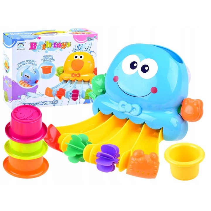 Играчка за вана, LandToys, октопод, 4 цветни кубчета, синя, 24x21см