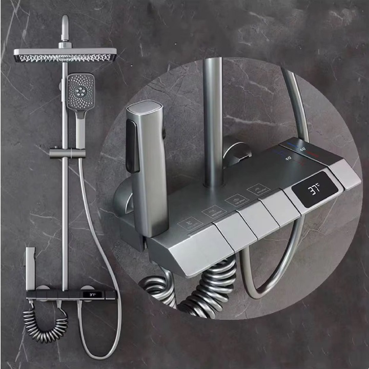 Digitális zuhanyszett termosztáttal, LED kijelzővel, pisztolyszürke felülettel, 900x250x400mm