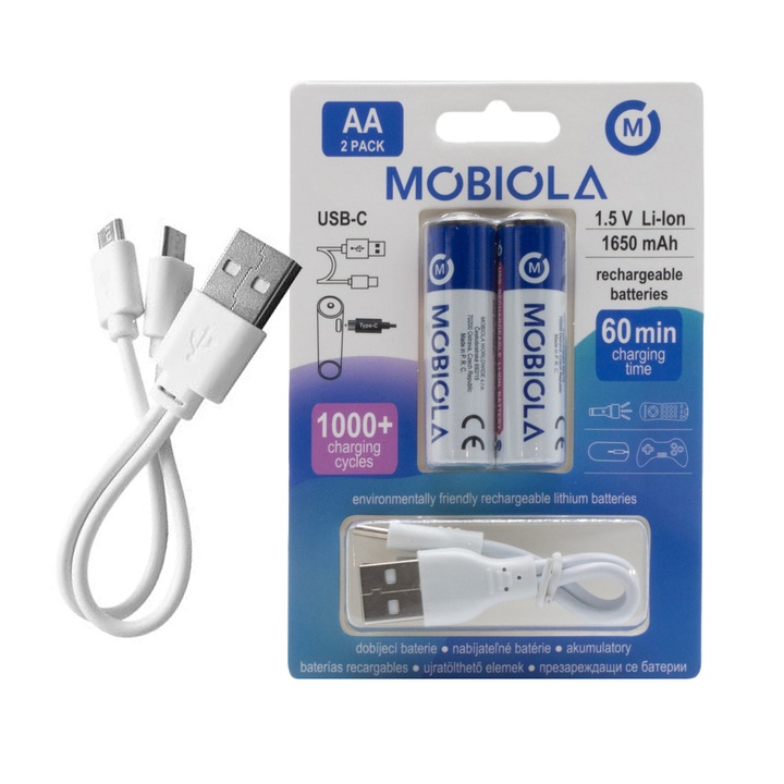 Baterie externa Mobiola MBAA1650, 1650mAh, USB-C, neagra, compacta