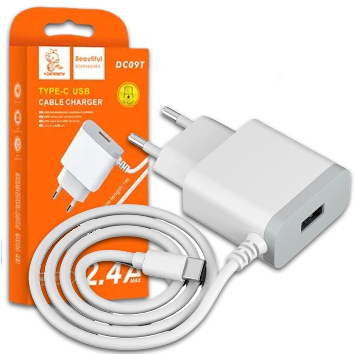 Incarcator retea Denmen DC09T, USB-C, 2,4A, 1m, alb