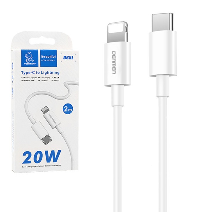 Cablu de date Denmen, USB-C - Lightning, 20W, 3,6A, alb, 2m