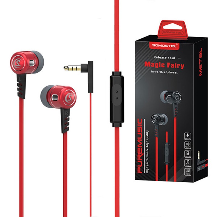 Casti cu fir, Somostel, model MAGIC FAIRY SMS-CJ01, rosii, 1.2m, cu microfon