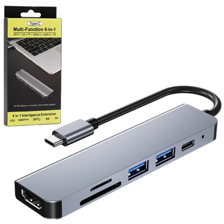 Хъб 6в1 Ecobox, HDMI, USB-A, USB-C, 4K, 13см