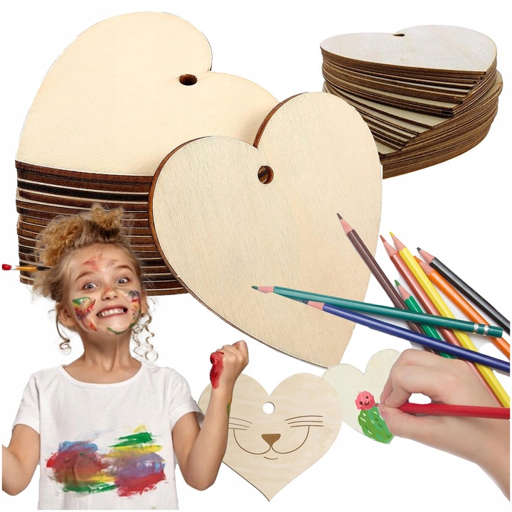 Set 50 placi din lemn pentru pictat, 10x8,8cm, natural, SMX Design, model inimi