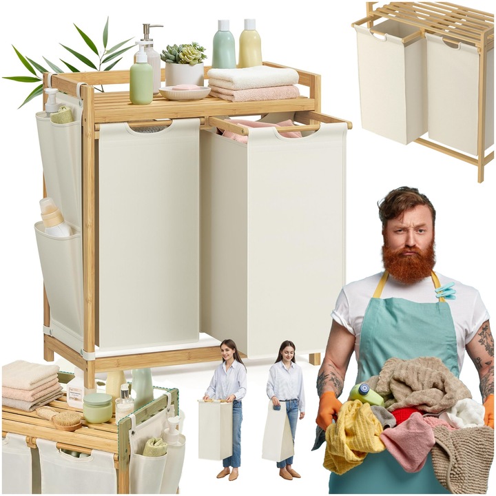 Двоен кош за пране със стойка и отделения, Songmics, 100 л (2x50 л), кремаво-бял, 63x33x78 см