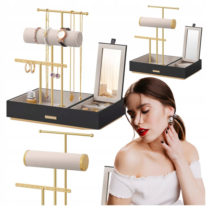 Ékszerrendező tükörrel, Songmics, arany-fekete, 17x27x29cm