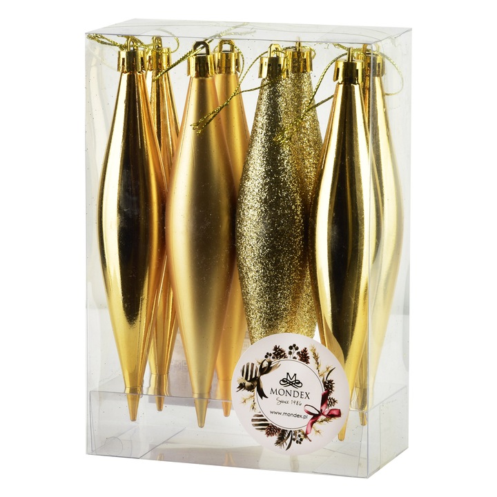 Set 8 globuri de Craciun, Mondex, forma de sopla, culoare aurie, PVC