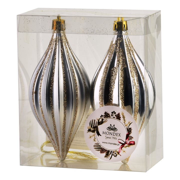 Set 2 globuri de Craciun, Mondex, argintii, din plastic, usoare