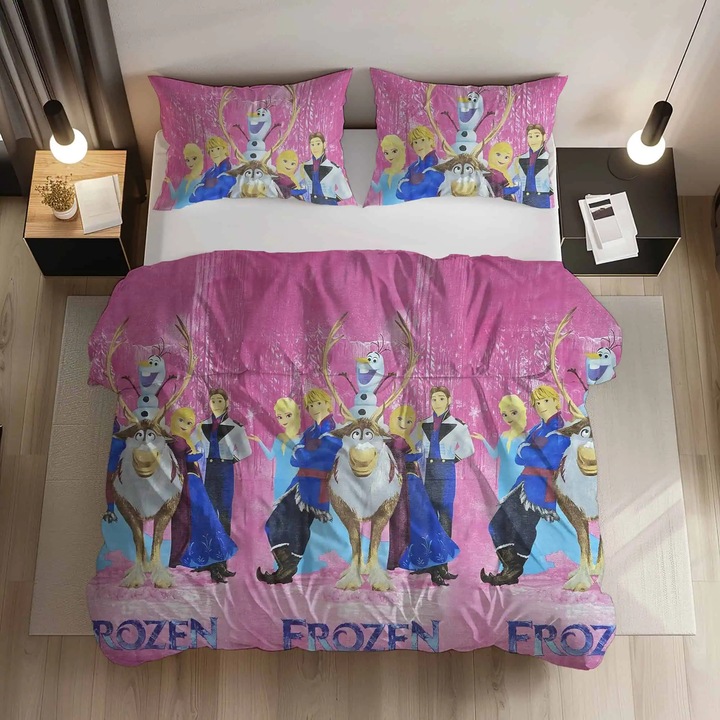 Ágyneműhuzat-szett, 3 darabos standard pamut, Disney Jégvarázs mintával – A jégkirályság varázsa gyermeked hálószobájában!, 1 paplanhuzat 140x200 cm és 2 párnahuzat 50x70 cm, cipzáras záródás