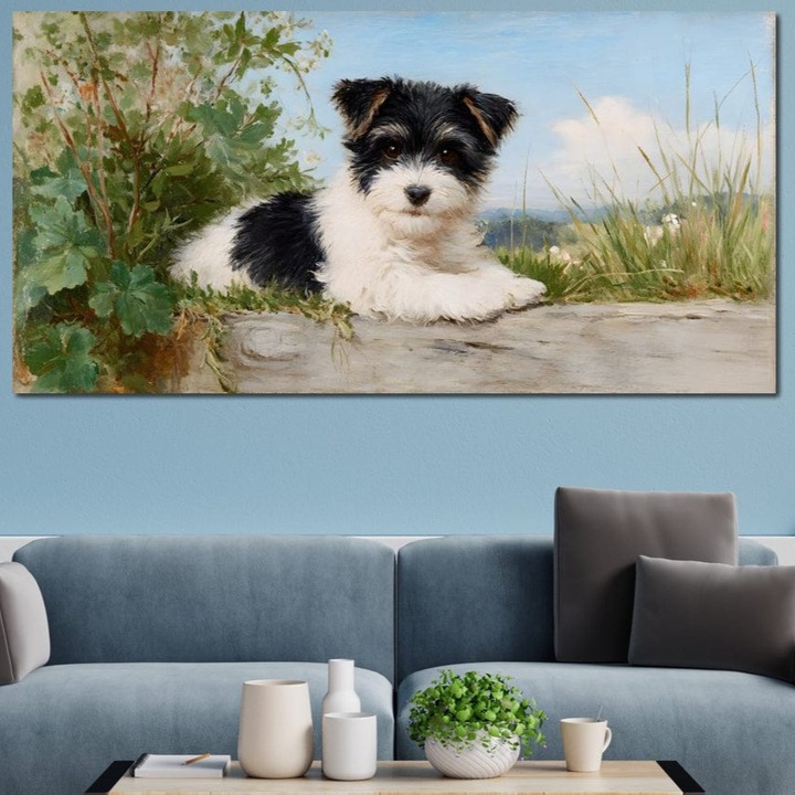 Tablou Canvas Premium, LuxCanva® M1298, Vreme de Joaca, 50 X 100 CM, Panza Bumbac 100% 400g/m2, Sasiu Lemn, Catel, Pui, Blanita, Iarba, Inocent, Rustic, Copilarie, Privire, Portret, Pictura, Birou, Living, Camera Copil