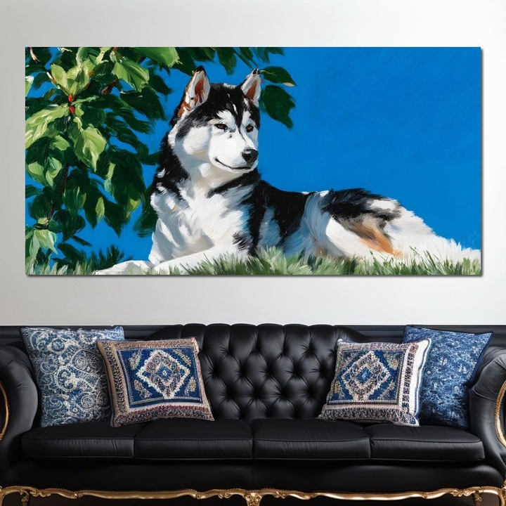 Картина върху платно, LuxCanva® M1299, Под слънчево петно, 50 X 100 см, 100% памучно платно 400 гр/м2, Дървена рамка, Хъски, небе, спокойно, листа, дърво, четириног, почивка, безплатно, космат, бдителен