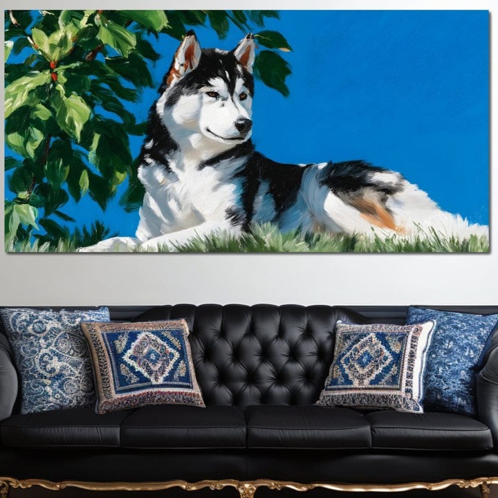 Tablou Canvas Premium, LuxCanva® M1299, Sub Pata de Soare, 50 X 100 CM, Panza Bumbac 100% 400g/m2, Sasiu Lemn, Husky, Cer, Senin, Frunzis, Copac, Patruped, Odihna, Liber, Blanos, Vigilent, Birou, Living, Camera Copil