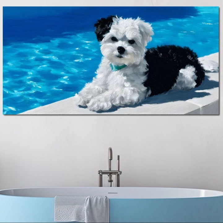 Tablou Canvas Premium, LuxCanva® M1300, Norisor Langa Apa, 70 X 140 CM, Panza Bumbac 100% 400g/m2, Sasiu Lemn, Bichon, Catel, Vara, Piscina, Soare, Azur, Pufos, Apa, Caldura, Adorabil, Vacanta, Birou, Living, Camera Copil