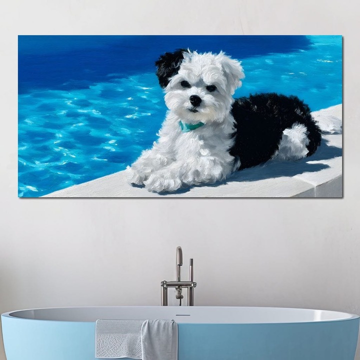 Премиум картина върху платно, LuxCanva® M1300, Облаци близо до вода, 70 X 140 см, 100% памучно платно 400 г/м2, дървена рамка, Бишон, Кученце, Лято, Басейн, Слънце, Лазурно, Пухкаво, Вода, Топлина, Очарователно, Ваканция, Офис, Хол, Детска стая