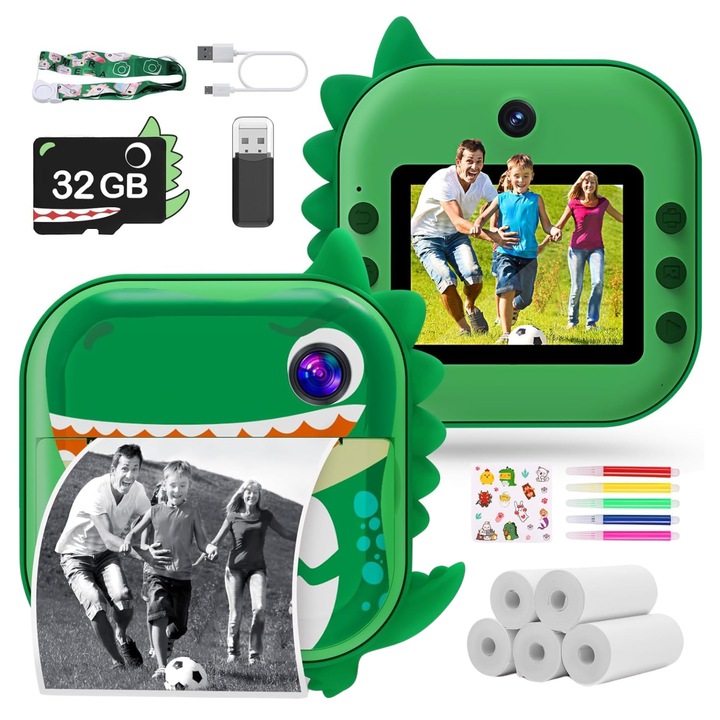 Instant fényképezőgép gyerekeknek, Purpley, Fotó, Videó, Nyomtatási funkciók, HD 1080p, 2,1 hüvelykes képernyő, Újratölthető akkumulátor, 32 GB memóriakártya, 4 játék, USB kábel, nyakpánt, 5 papírtekercs és 5 színes filctoll, Zöld