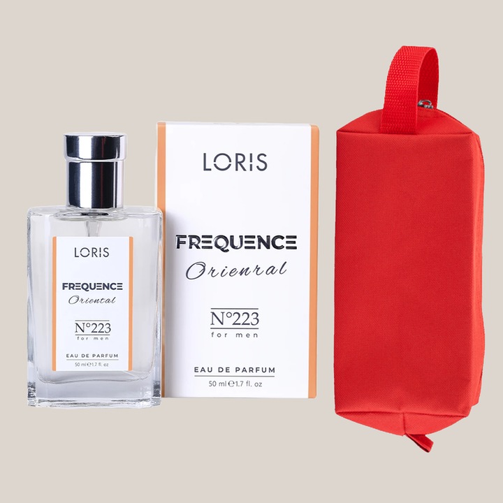 Set Apa de Parfum Loris Frequence de Barbat E-223 Oriental, 50 ml si Gentuta Parfumuri