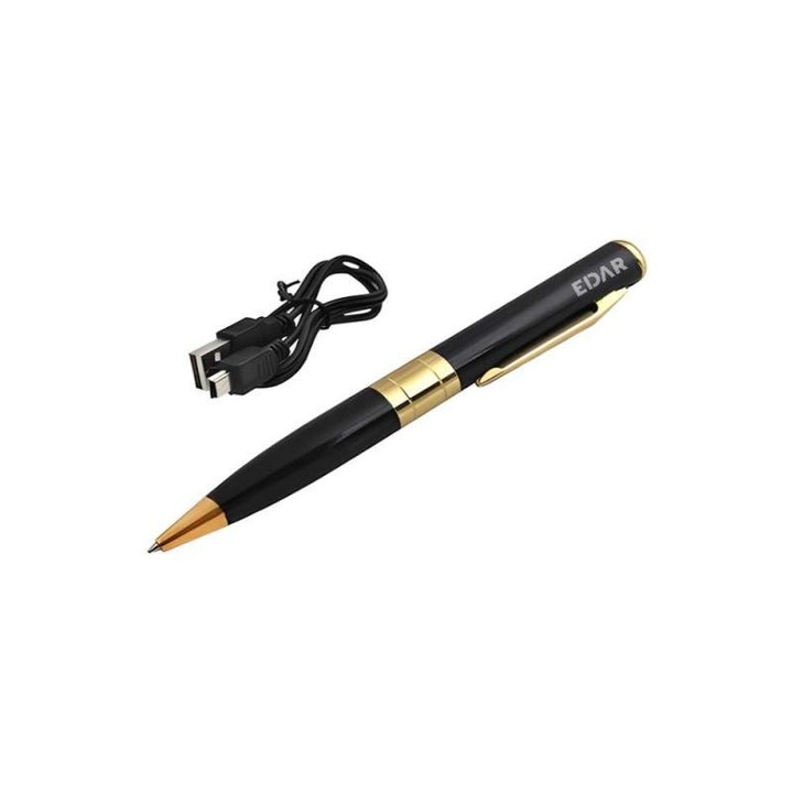 Pix Spion EDAR Cu Camera 1080p Full HD Si Microfon, Inregistrare Audio-Video Si Foto, Compatibil Card MicroSD 32GB Si Cablu USB, Negru/Auriu