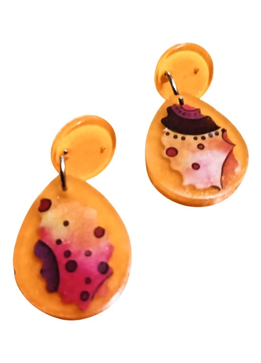 Cercei unicat realizati manual, portocaliu cu motive abstracte, de 4x2 cm