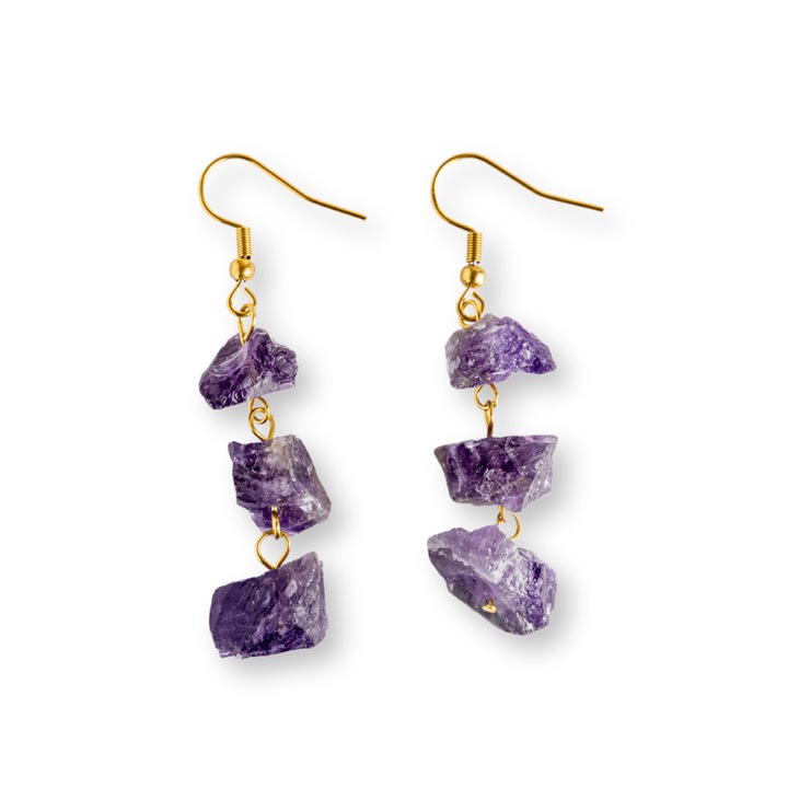 Cercei Aurii cu Triplu Piatra Ametist Brut Natural - Energie, Stil si Unicitate
